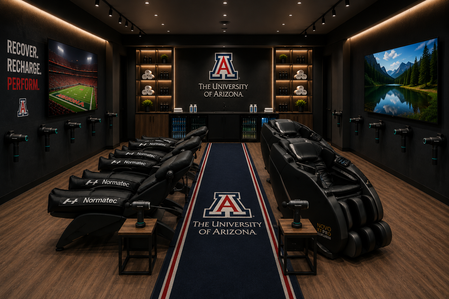 University of Arizona recovery lounge with Normatec compression and Novo XT Pro Plus massage chair